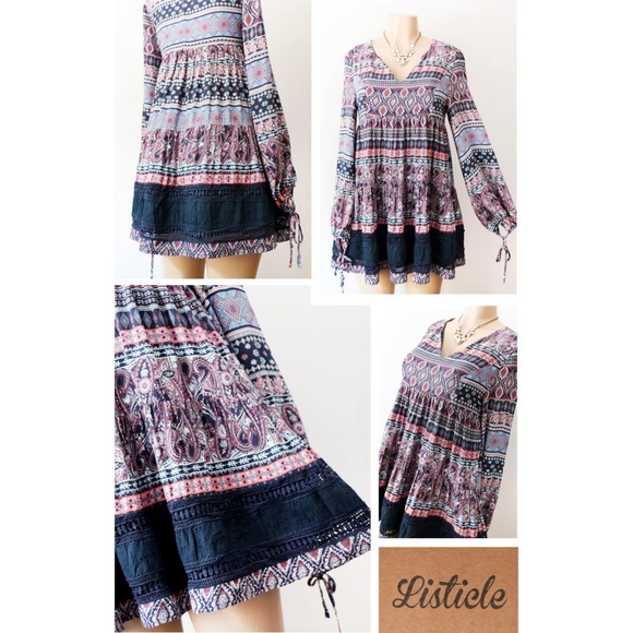 Navy Blue Multi BOHO Print Babydoll Tunic Blouse - Picture 6 of 8